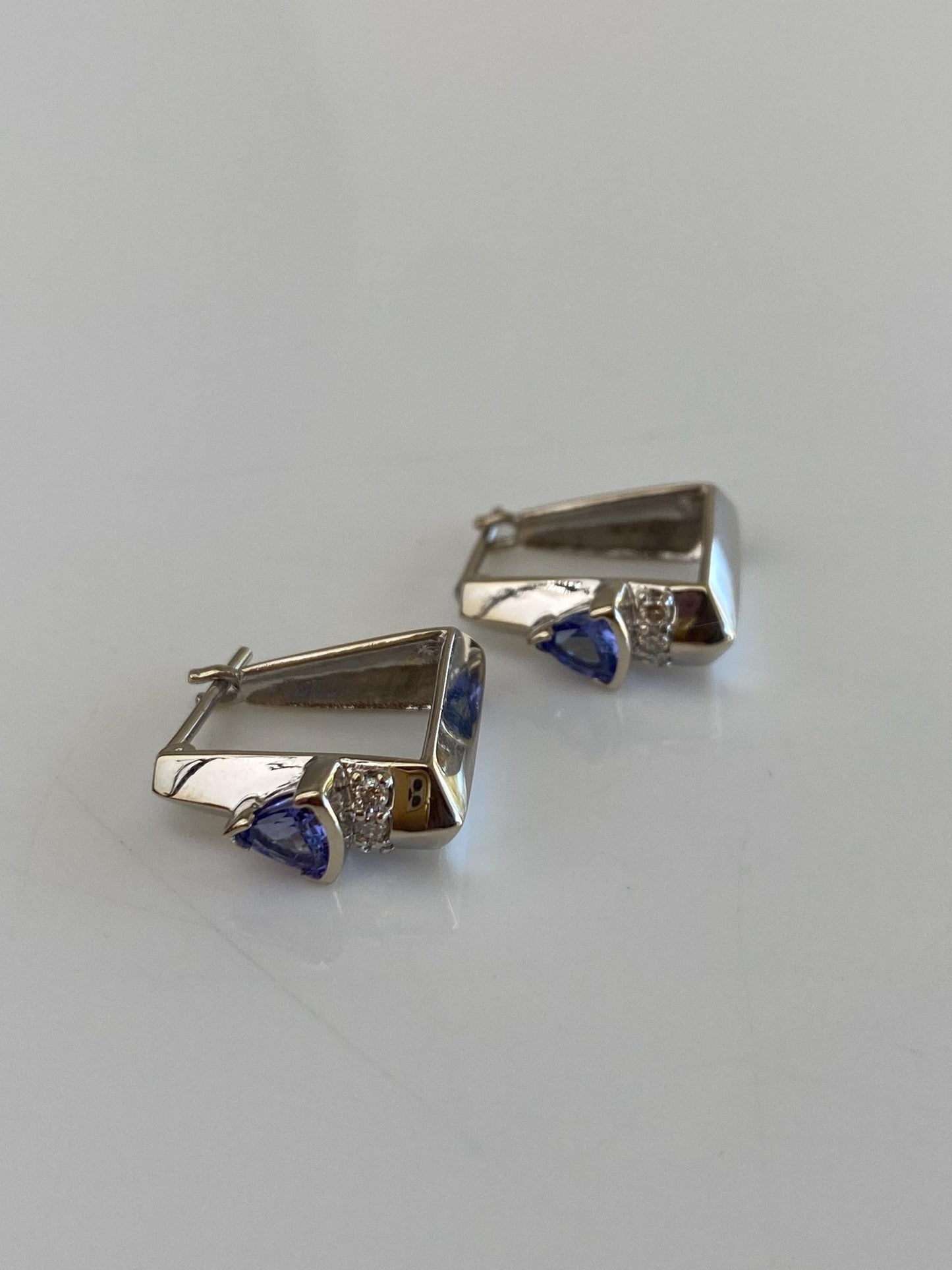 Vintage Solid 14k White Gold Diamond Tanzanite Square Hoop Earrings