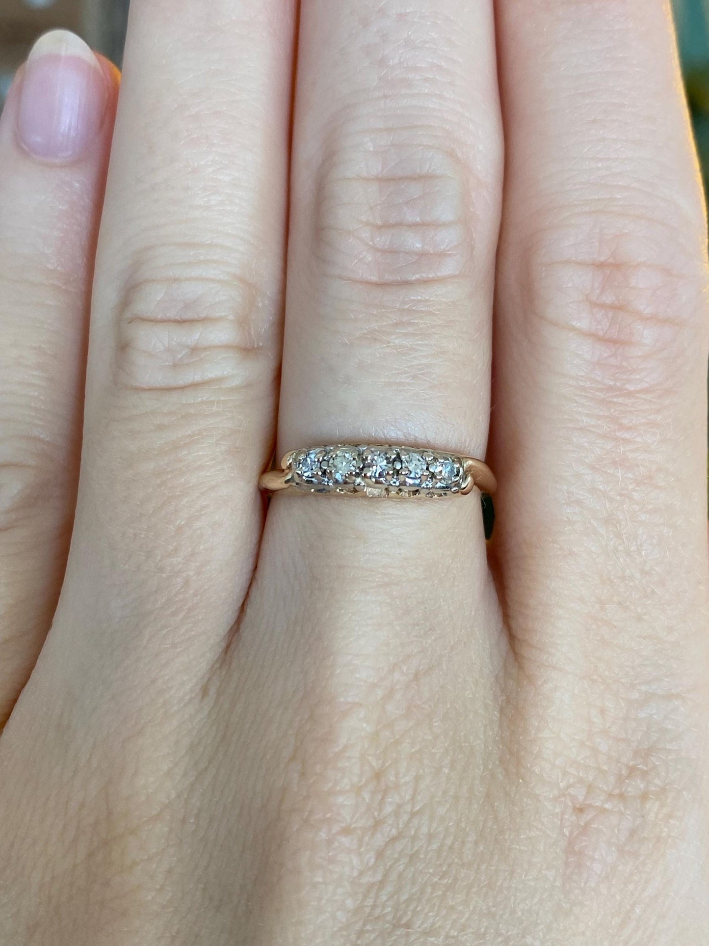 Vintage Solid 14k White & Yellow Gold Diamond Ring Band - Size 6.75