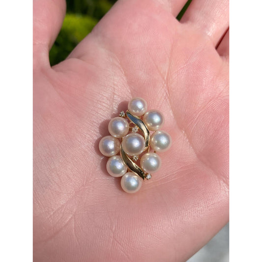 Vintage Solid 14k Yellow Gold Diamond Pearl Cluster Slide Charm