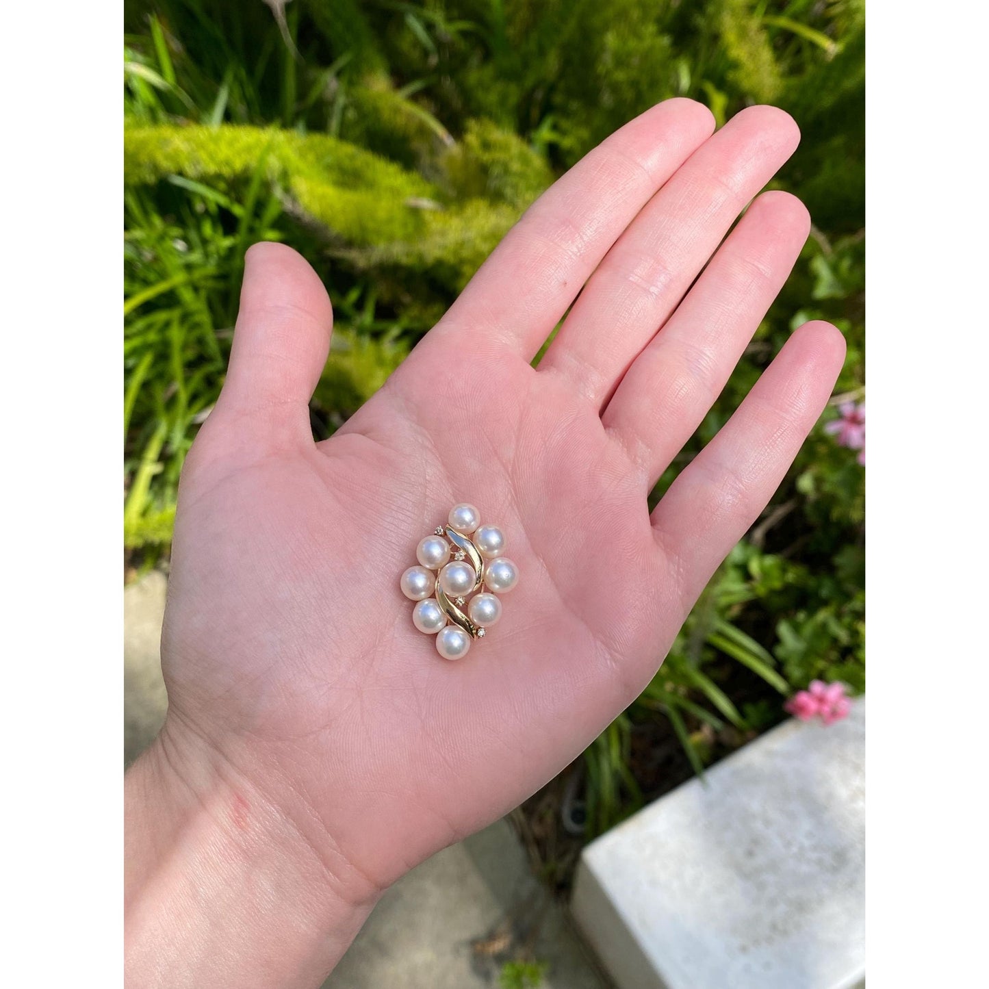 Vintage Solid 14k Yellow Gold Diamond Pearl Cluster Slide Charm