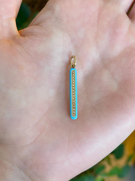 Vintage 14k Rosey Gold Blue Enamel Pearls Bar Charm