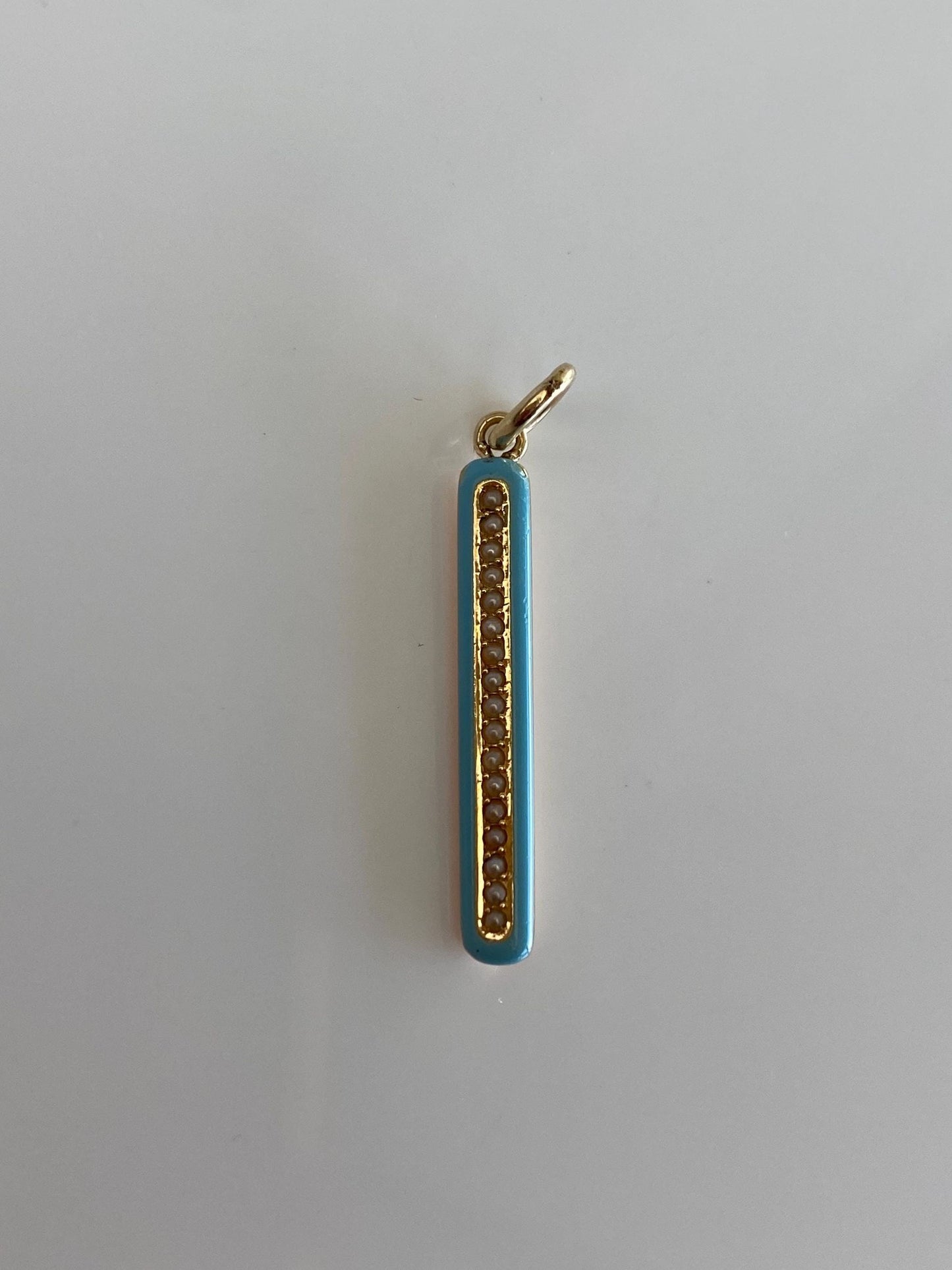 Vintage 14k Rosey Gold Blue Enamel Pearls Bar Charm