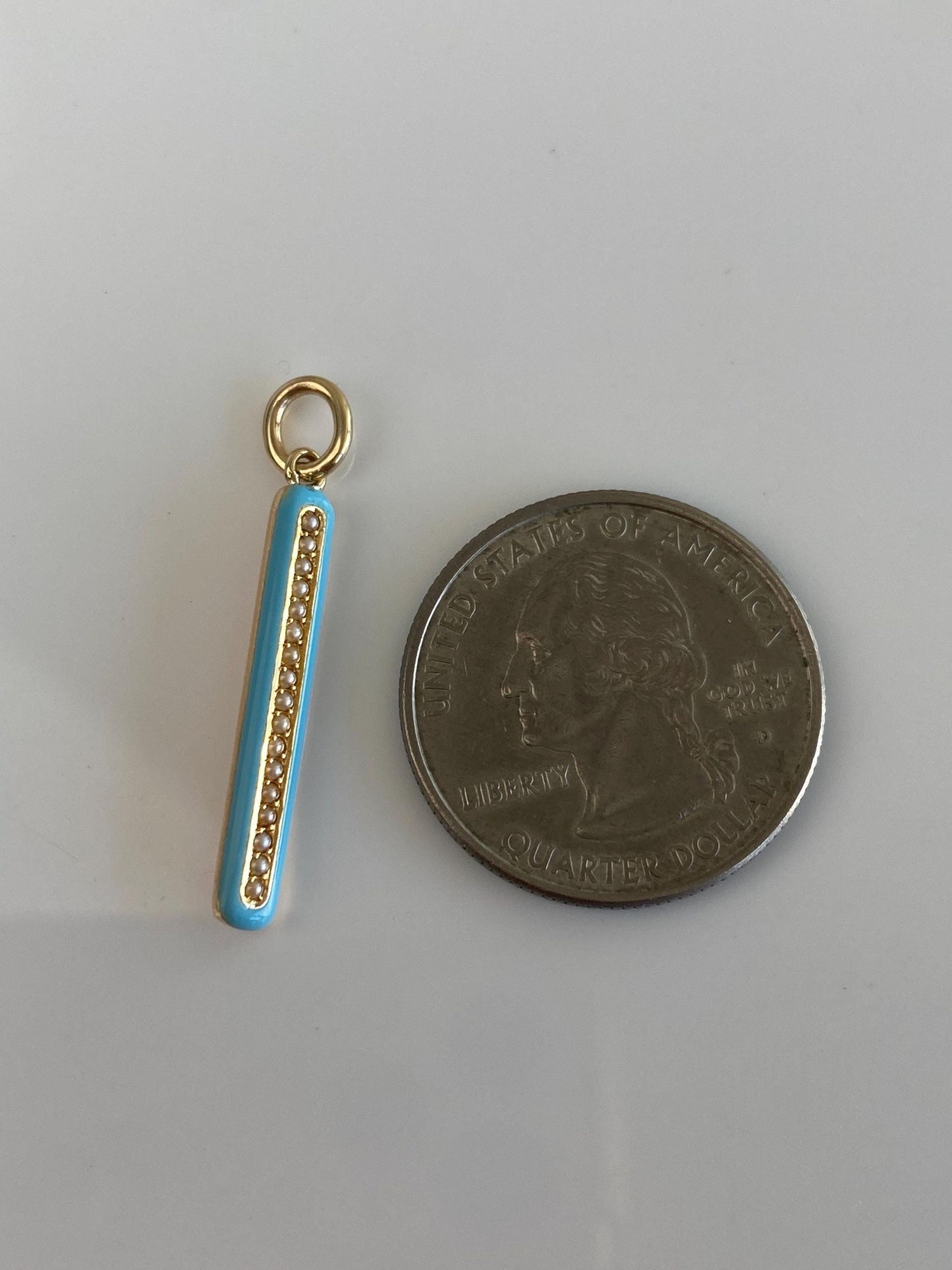 Vintage 14k Rosey Gold Blue Enamel Pearls Bar Charm