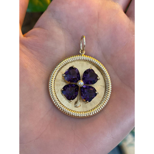Vintage Solid 14k Yellow Gold Purple Cubic Zirconia Pearl 4 Leaf Clover Charm