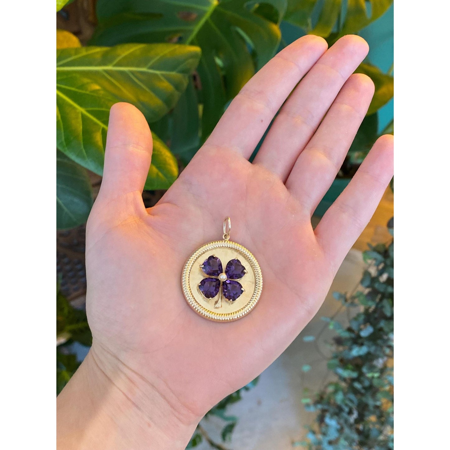 Vintage Solid 14k Yellow Gold Purple Cubic Zirconia Pearl 4 Leaf Clover Charm
