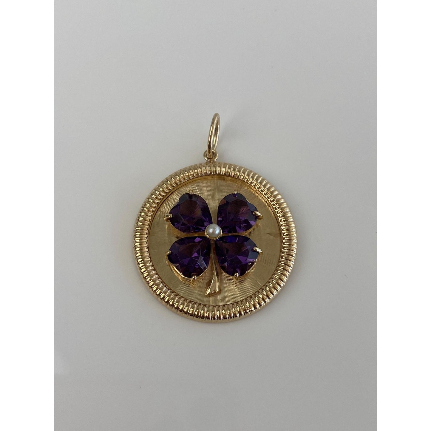 Vintage Solid 14k Yellow Gold Purple Cubic Zirconia Pearl 4 Leaf Clover Charm