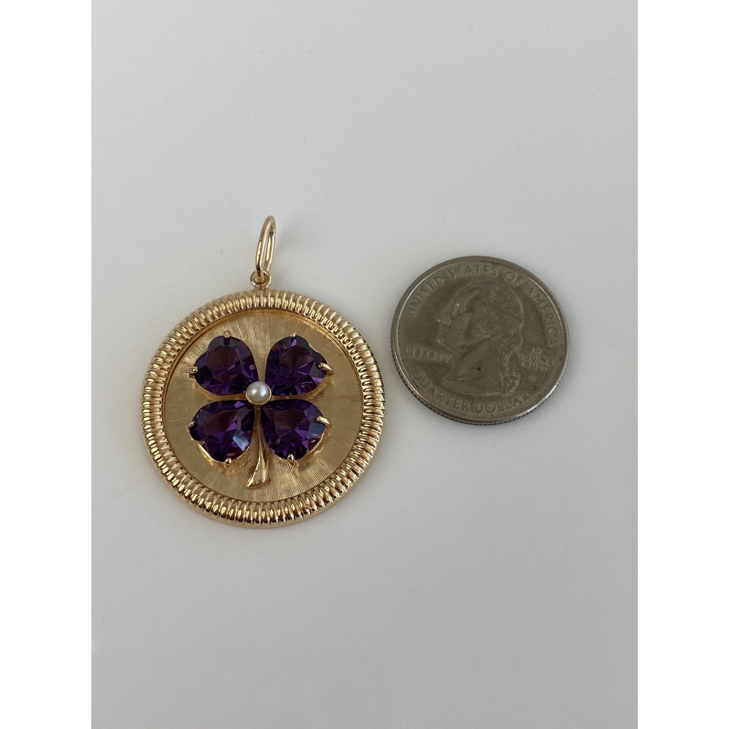 Vintage Solid 14k Yellow Gold Purple Cubic Zirconia Pearl 4 Leaf Clover Charm