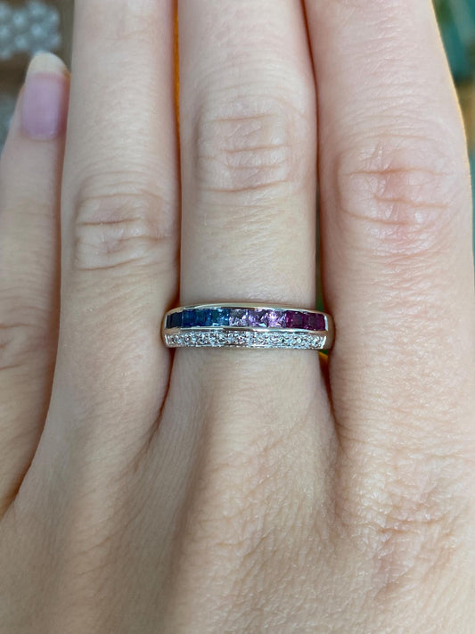 Vintage Solid 14k White Gold Diamond Colored Sapphire Ring Band - Size 8