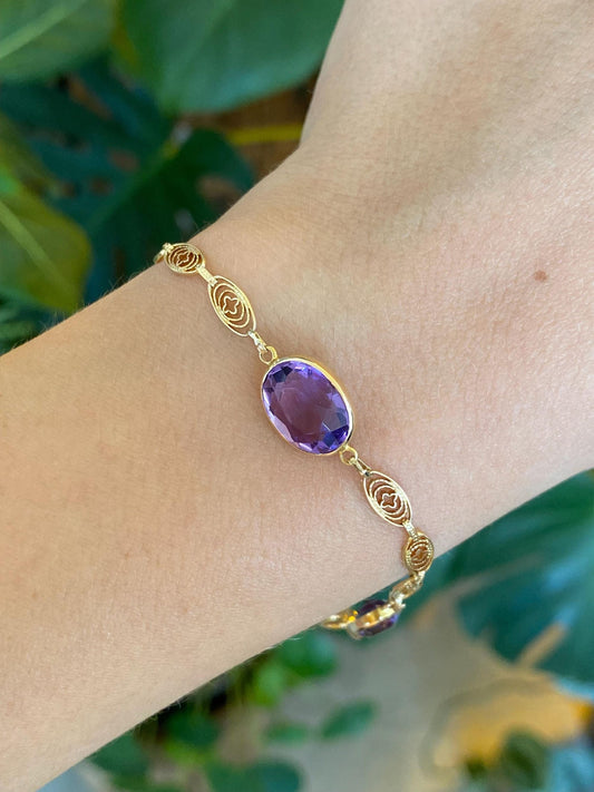 Vintage Solid 14k Yellow Gold Rose Cut Amethyst Fancy Link Bracelet - 7.5 inches