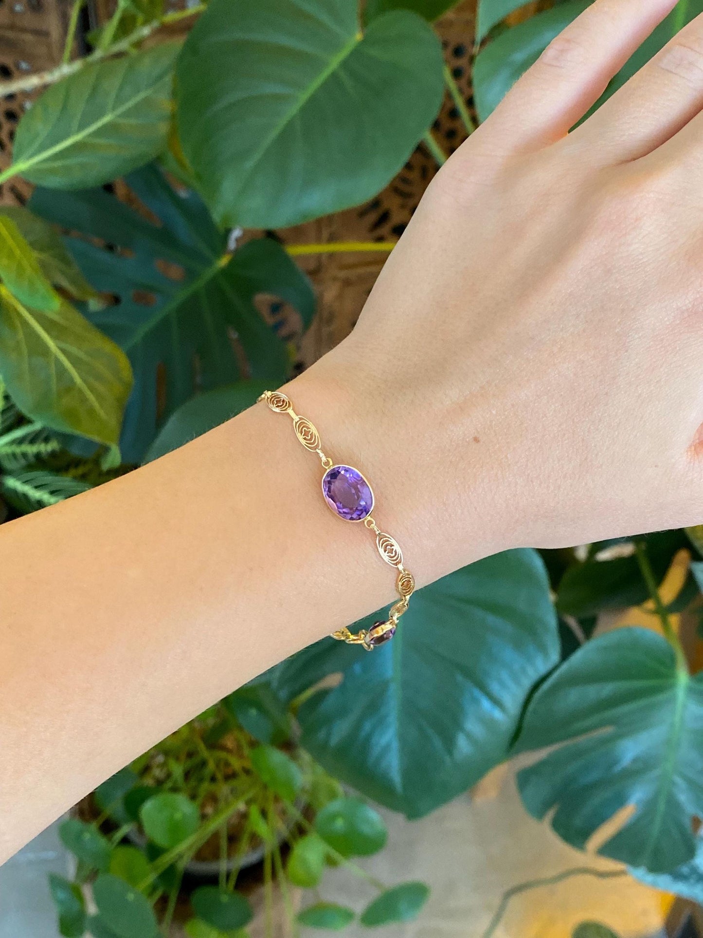Vintage Solid 14k Yellow Gold Rose Cut Amethyst Fancy Link Bracelet - 7.5 inches