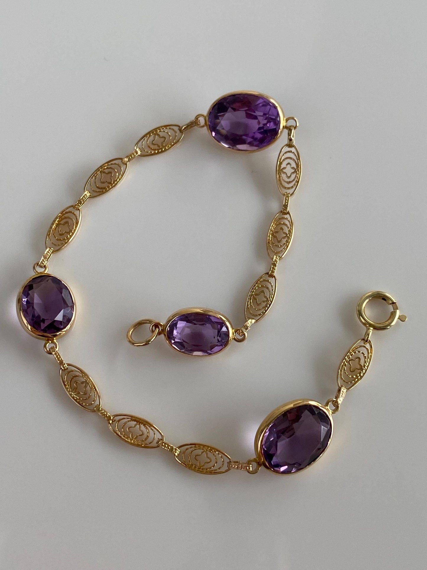 Vintage Solid 14k Yellow Gold Rose Cut Amethyst Fancy Link Bracelet - 7.5 inches