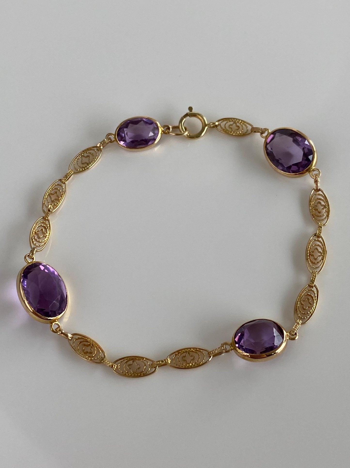 Vintage Solid 14k Yellow Gold Rose Cut Amethyst Fancy Link Bracelet - 7.5 inches