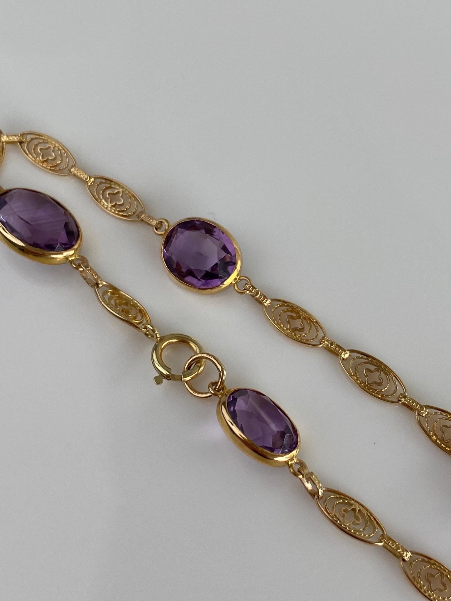Vintage Solid 14k Yellow Gold Rose Cut Amethyst Fancy Link Bracelet - 7.5 inches