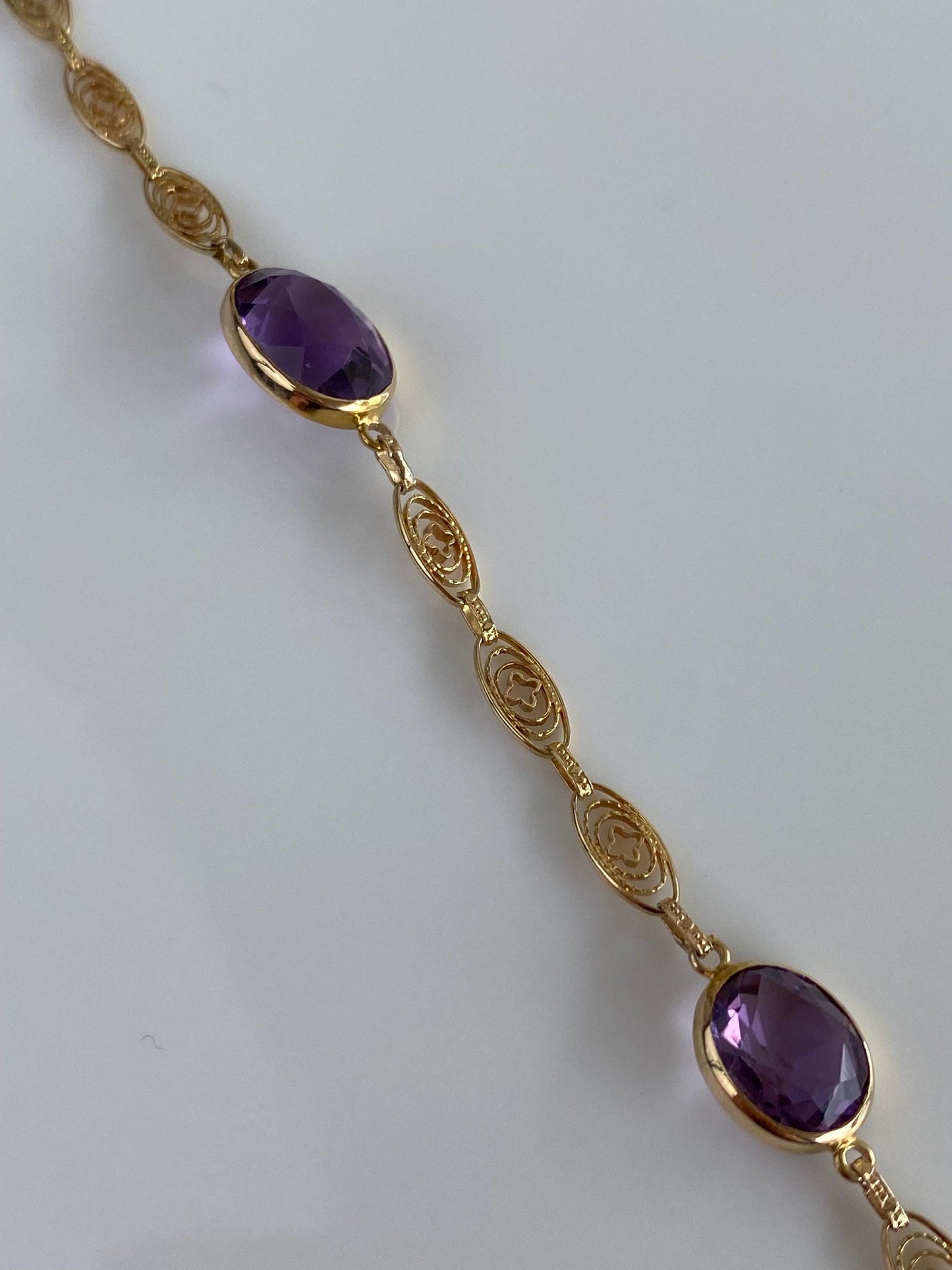 Vintage Solid 14k Yellow Gold Rose Cut Amethyst Fancy Link Bracelet - 7.5 inches