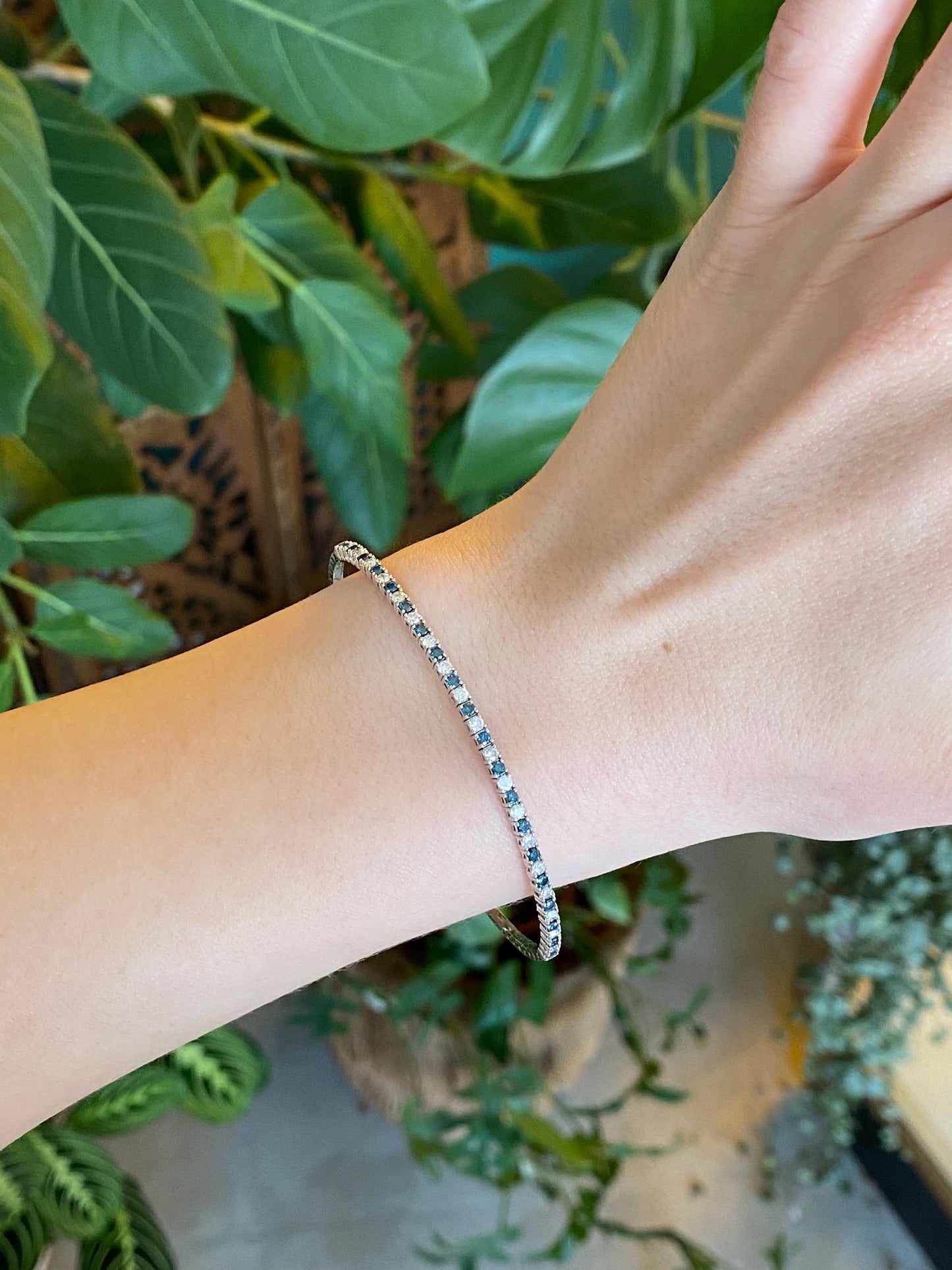 Vintage Solid 14k White Gold Blue & Clear Sapphire Bangle Bracelet