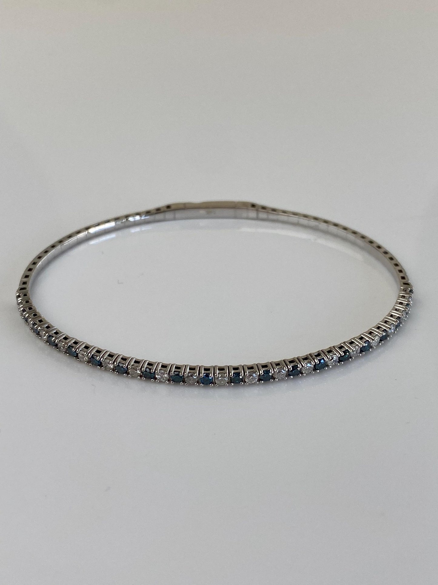 Vintage Solid 14k White Gold Blue & Clear Sapphire Bangle Bracelet