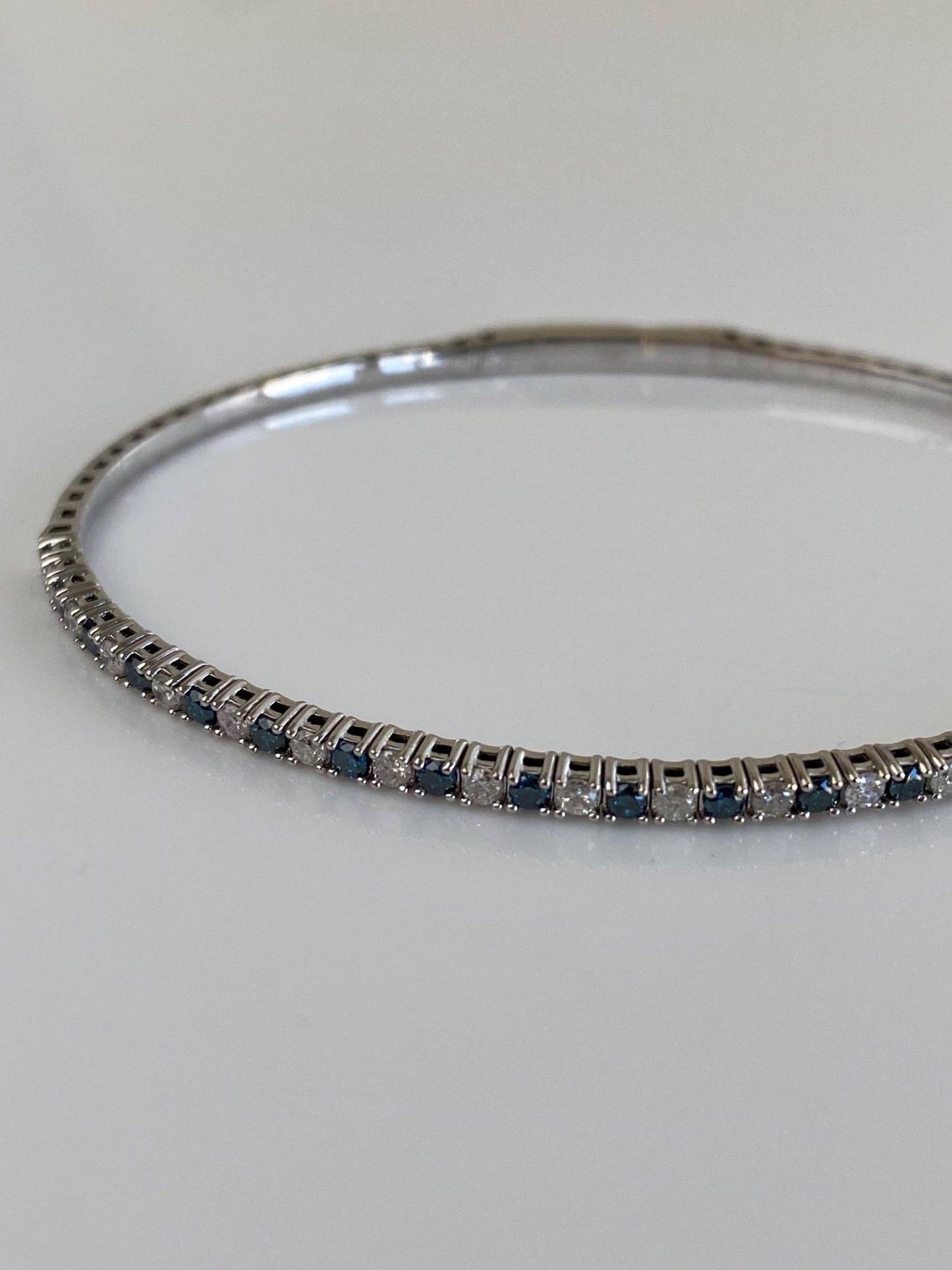 Vintage Solid 14k White Gold Blue & Clear Sapphire Bangle Bracelet