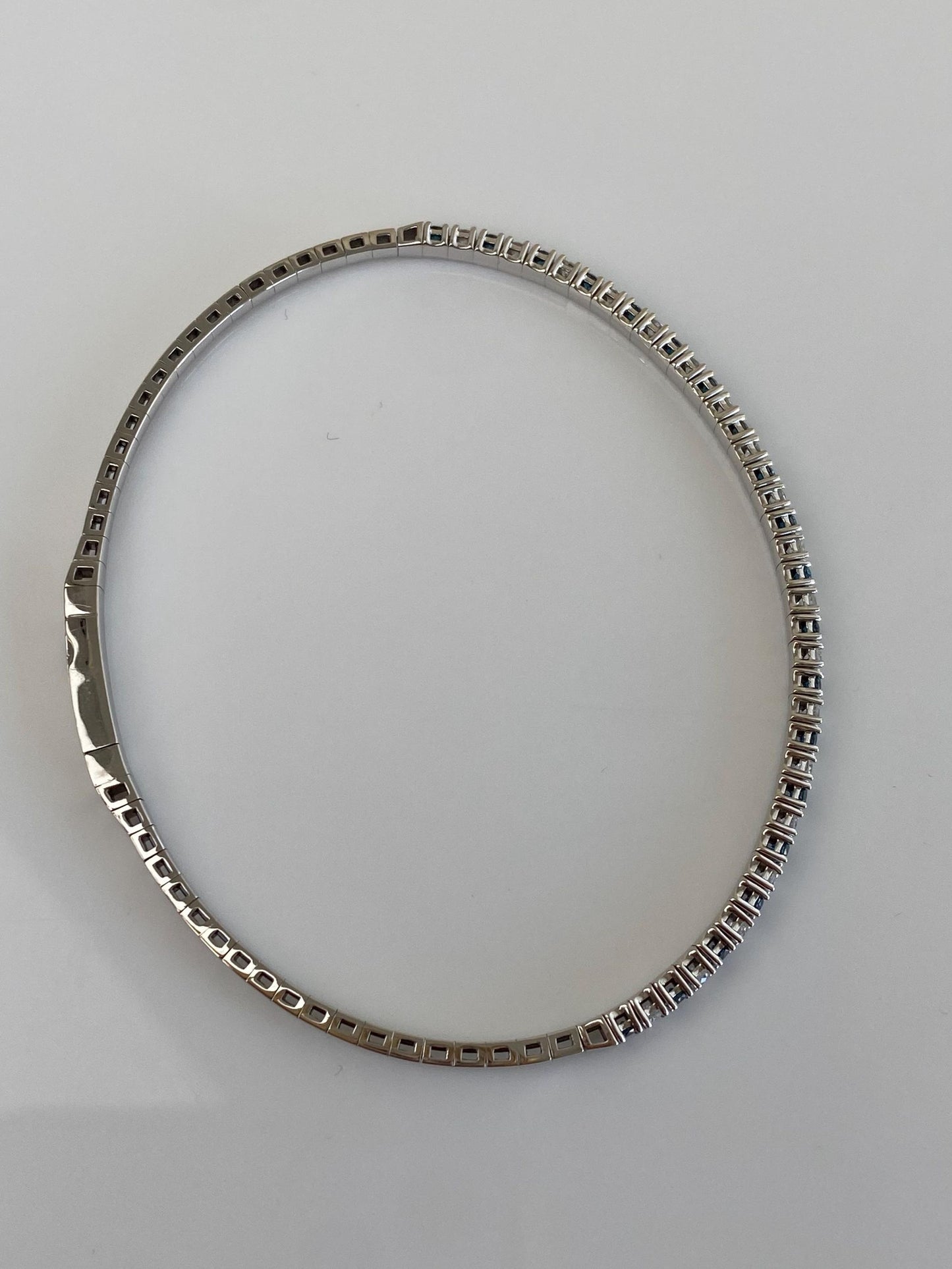 Vintage Solid 14k White Gold Blue & Clear Sapphire Bangle Bracelet