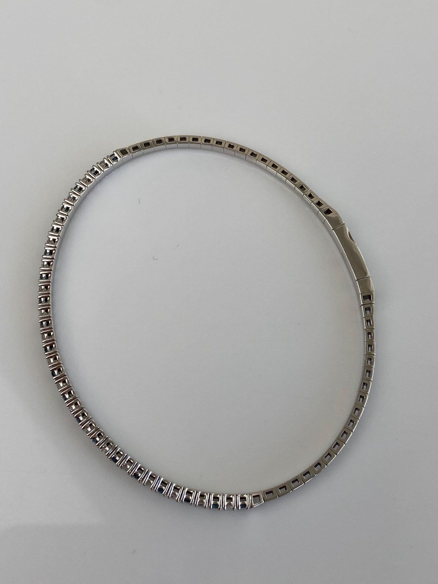 Vintage Solid 14k White Gold Blue & Clear Sapphire Bangle Bracelet