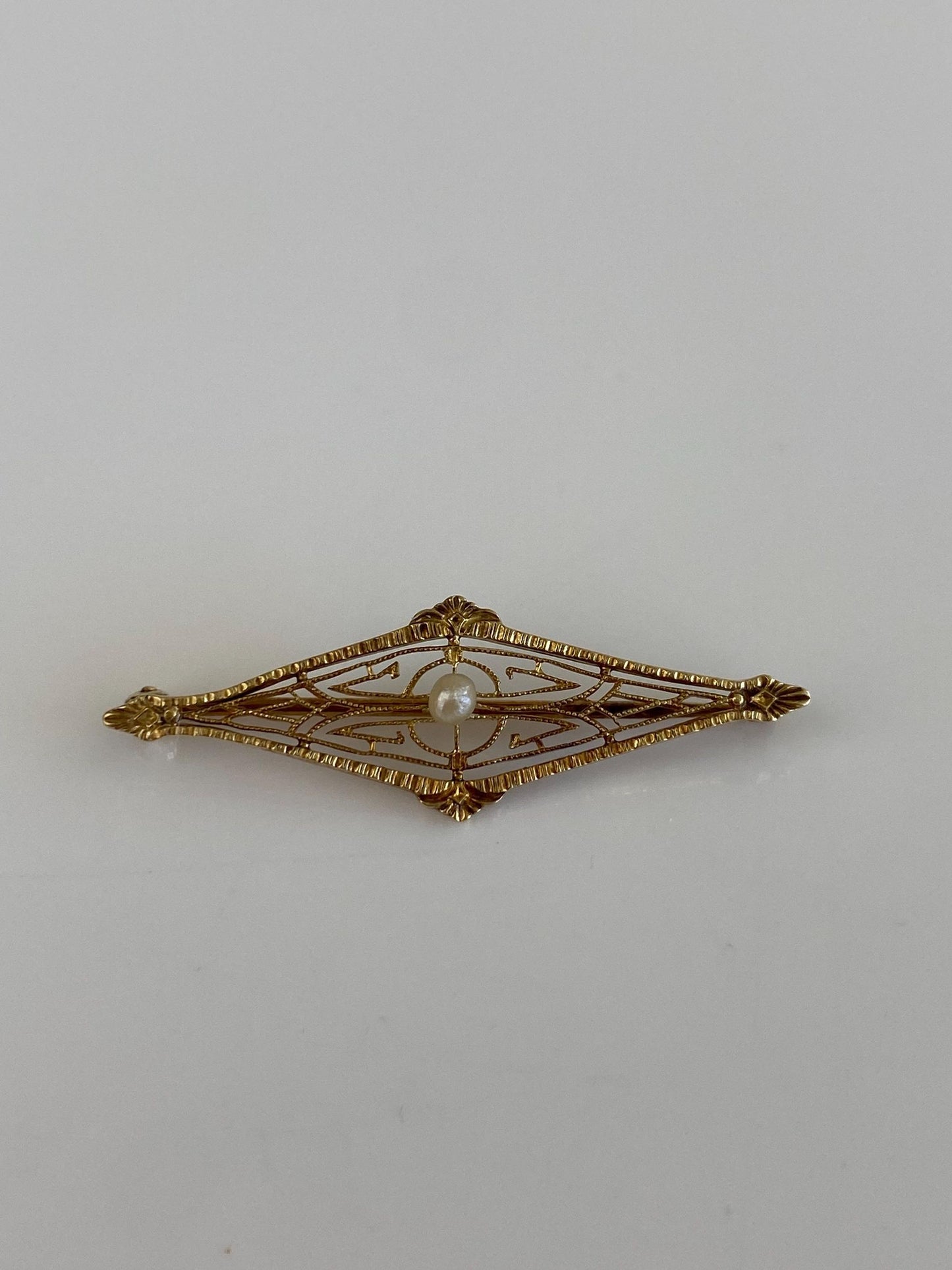 Vintage Solid 14k Yellow Gold Pearl Open Work Bar Pin