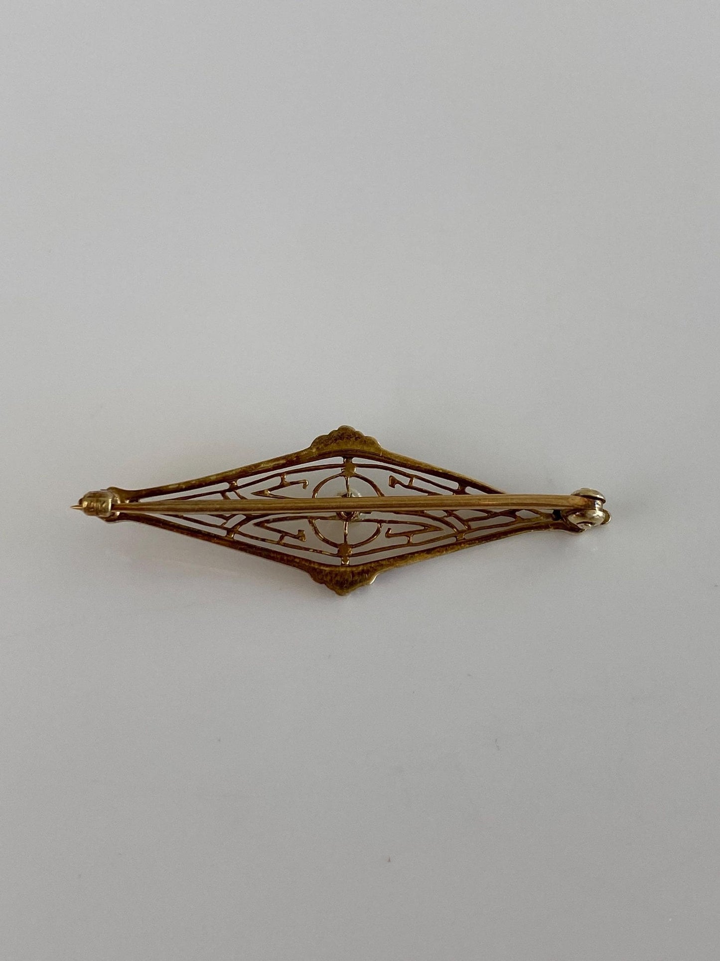 Vintage Solid 14k Yellow Gold Pearl Open Work Bar Pin