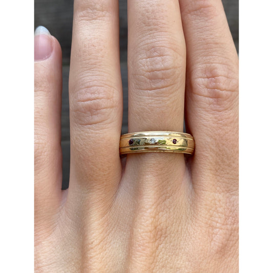 Vintage Solid 10k Yellow Gold Tiny Diamond & Ruby Milgrain Ring Band - Size 11.75
