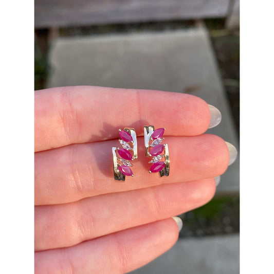 Vintage Solid 14k White & Yellow Gold Ruby Drop Stud Earrings