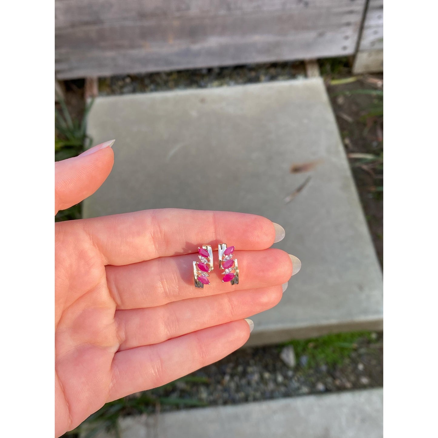 Vintage Solid 14k White & Yellow Gold Ruby Drop Stud Earrings