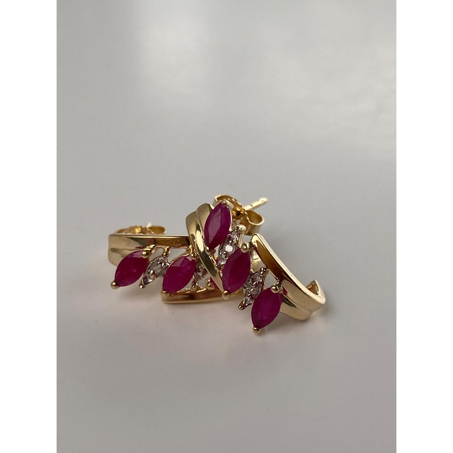Vintage Solid 14k White & Yellow Gold Ruby Drop Stud Earrings