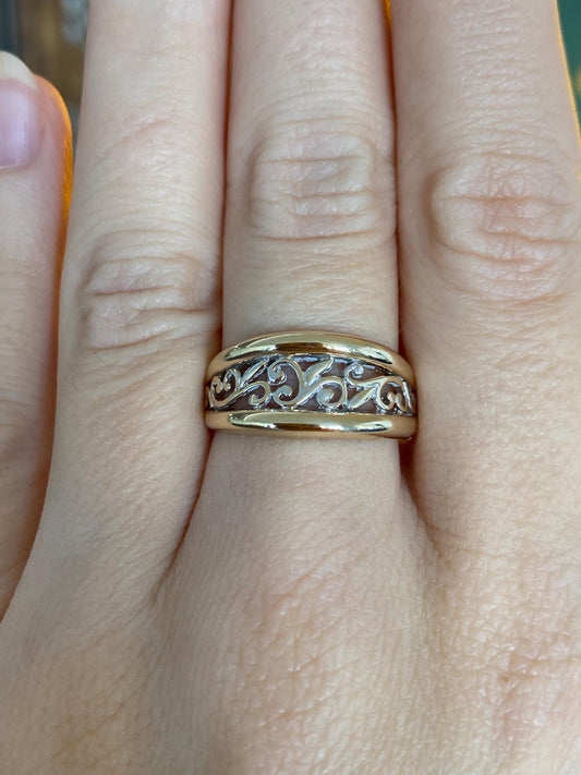 Vintage Solid 10k White & Yellow Gold Open Work Filigree Ring Band - Size 7.75