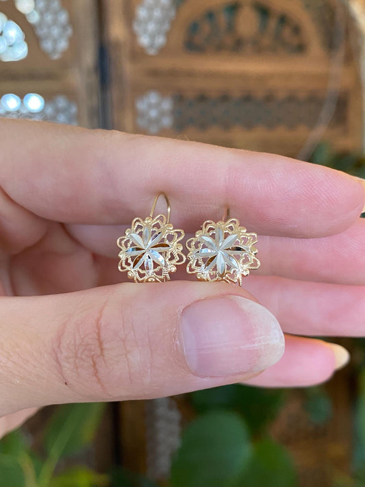 Vintage Solid 14k White & Yellow Gold Diamond Cut Drop Earrings