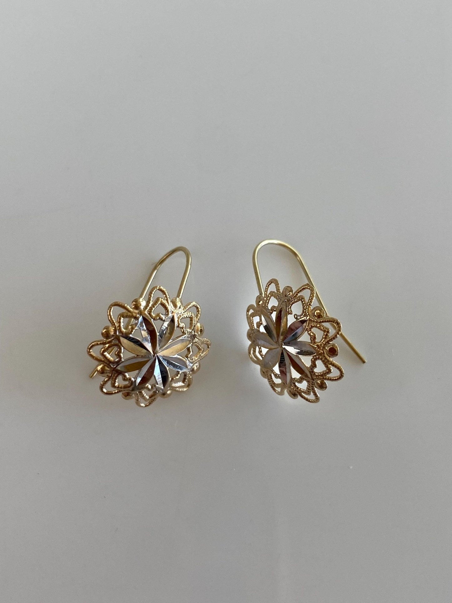 Vintage Solid 14k White & Yellow Gold Diamond Cut Drop Earrings