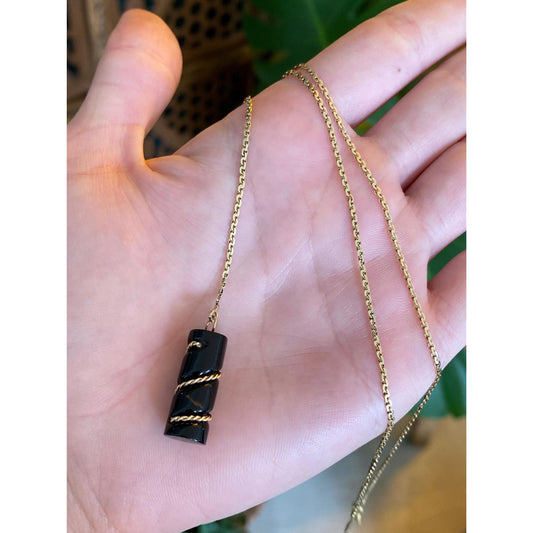 Vintage Solid 14k Yellow Gold Black Stone Biker Link Chain Lariat Necklace - 17.25 inches