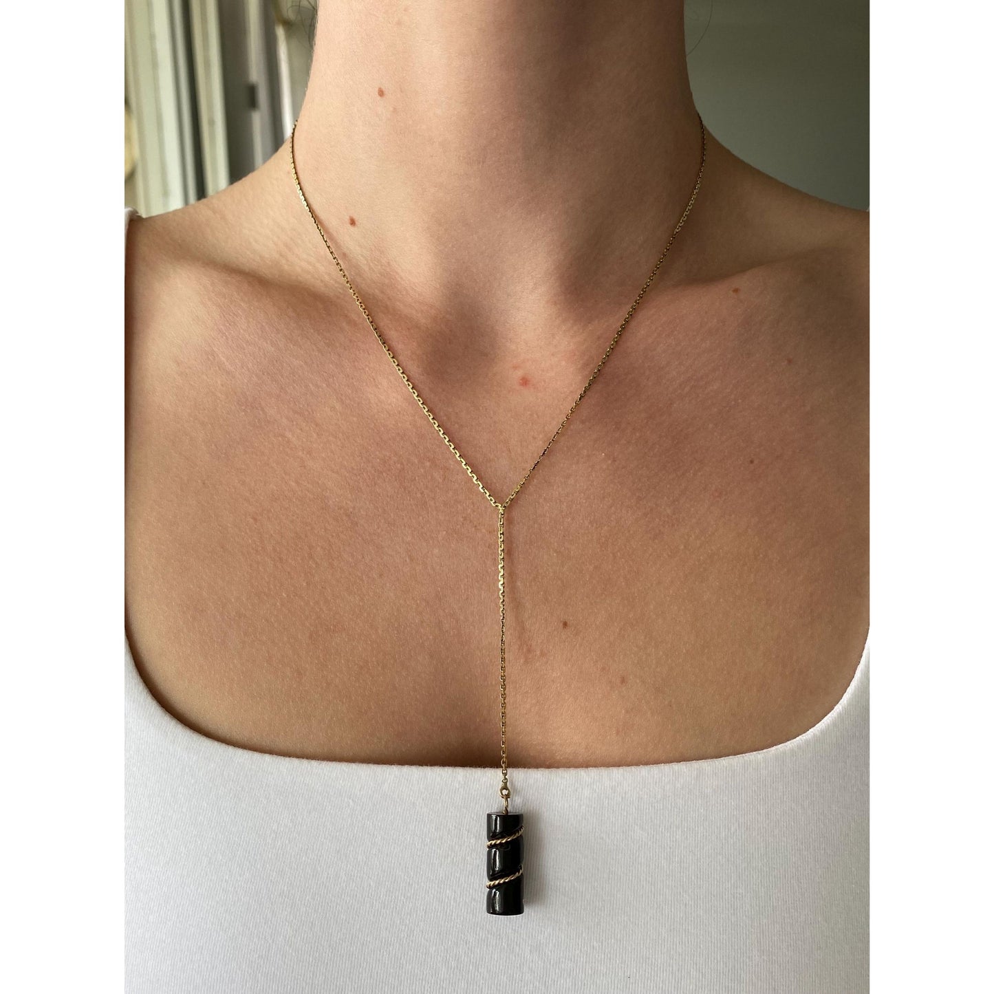 Vintage Solid 14k Yellow Gold Black Stone Biker Link Chain Lariat Necklace - 17.25 inches