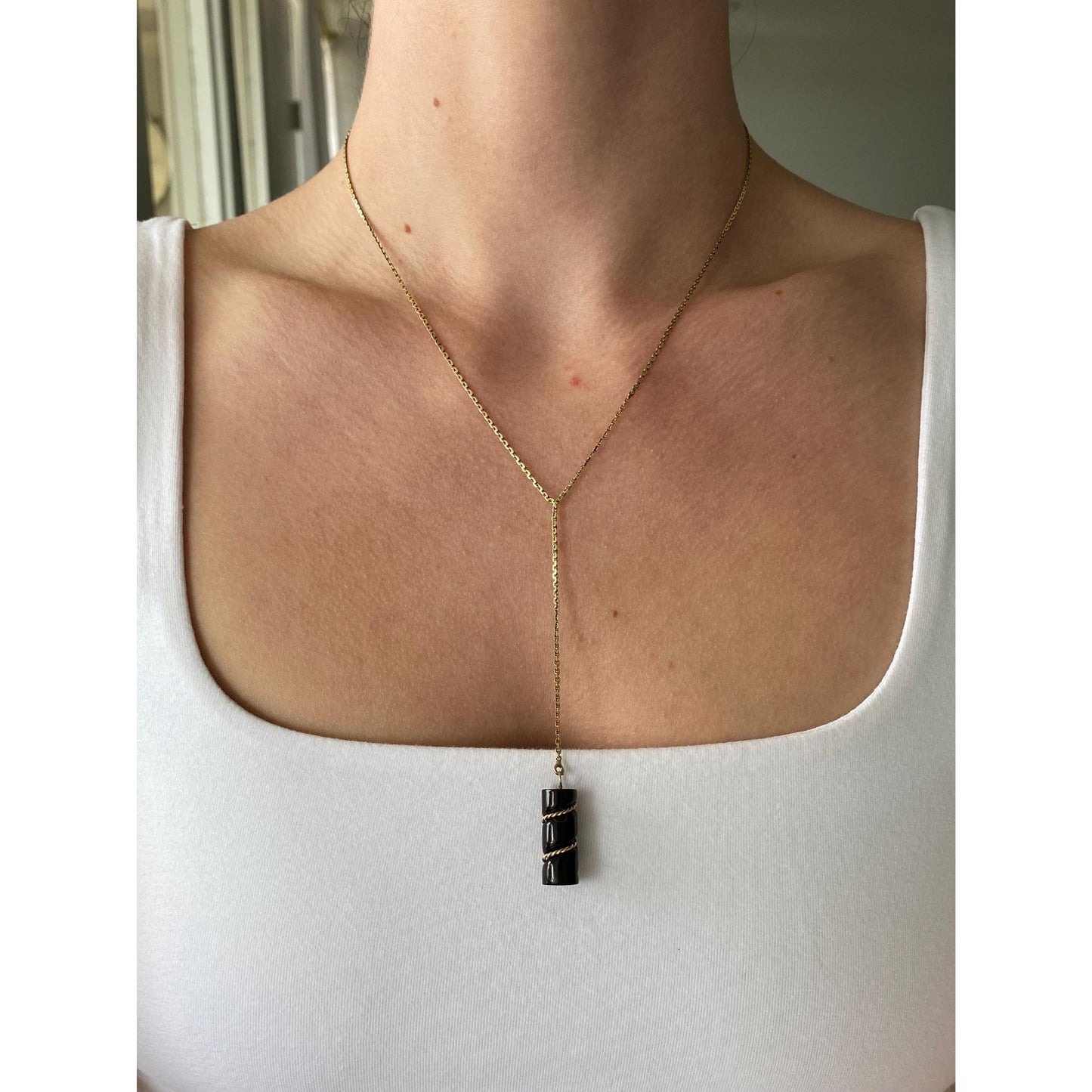 Vintage Solid 14k Yellow Gold Black Stone Biker Link Chain Lariat Necklace - 17.25 inches