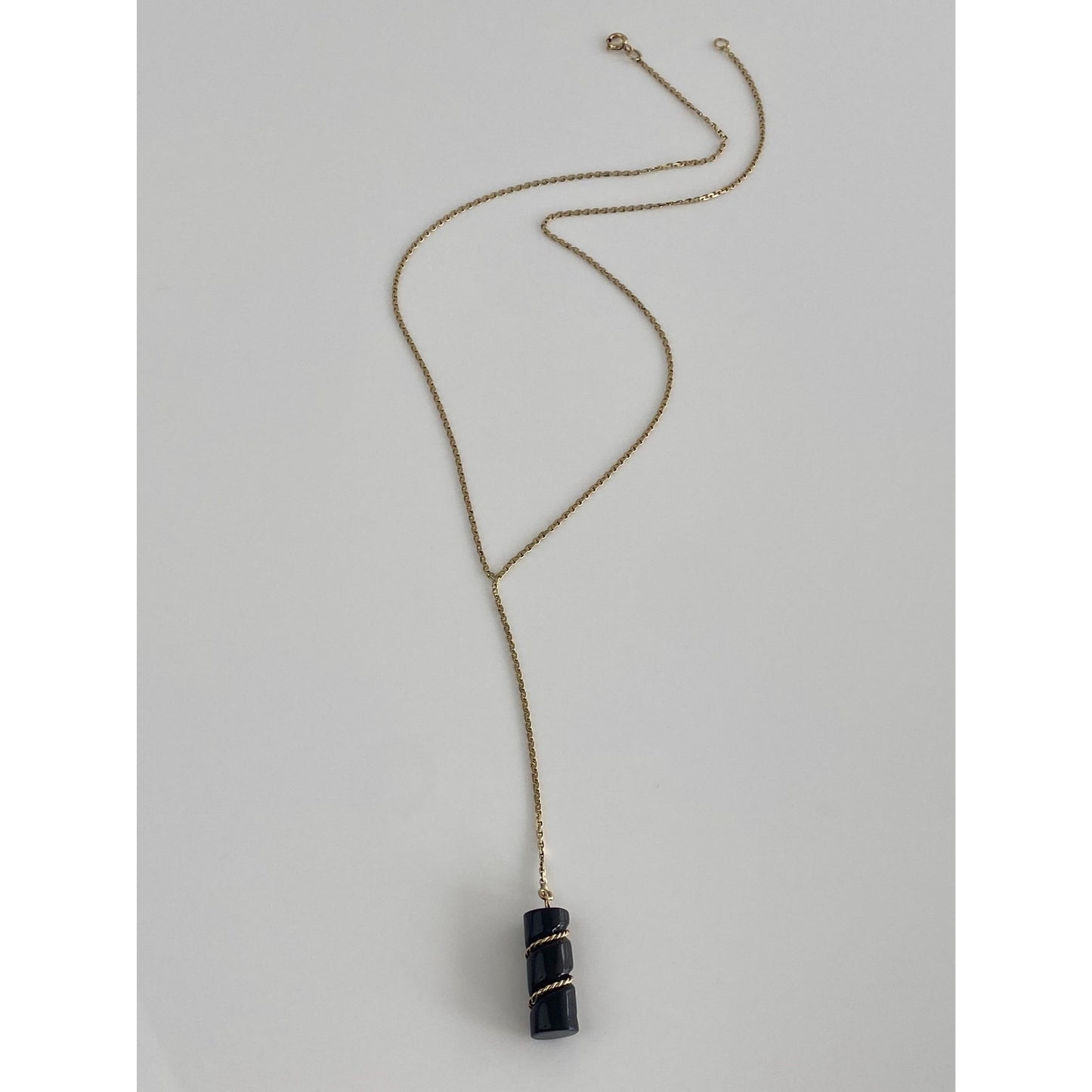 Vintage Solid 14k Yellow Gold Black Stone Biker Link Chain Lariat Necklace - 17.25 inches