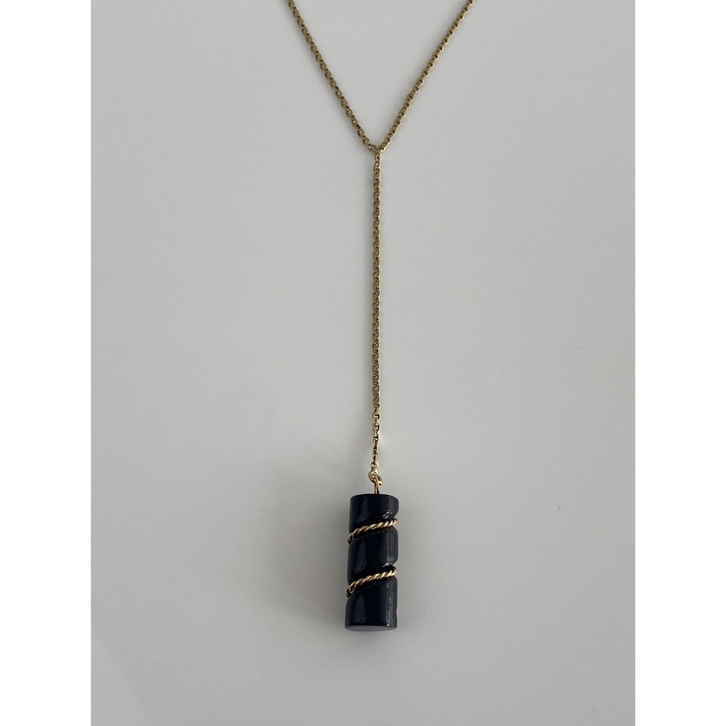 Vintage Solid 14k Yellow Gold Black Stone Biker Link Chain Lariat Necklace - 17.25 inches