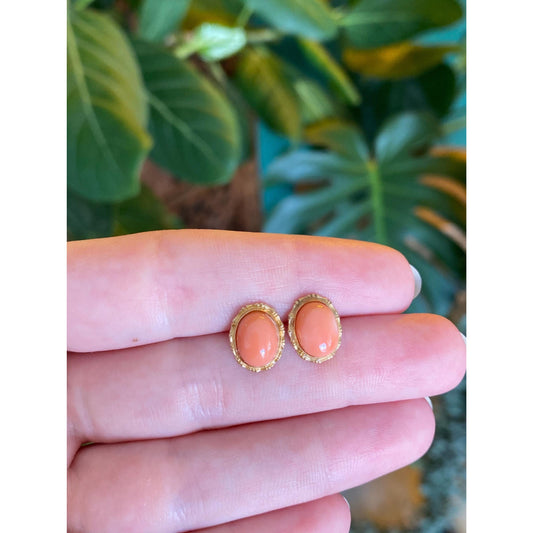 Vintage Solid 14k Yellow Gold Coral Stud Earrings