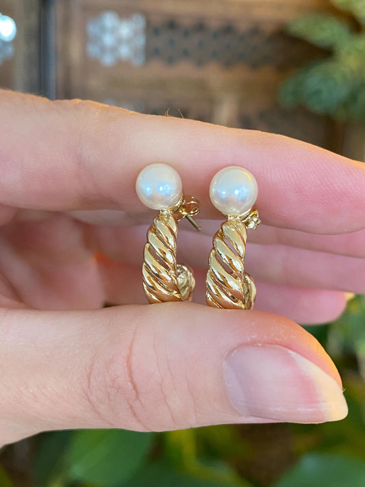 Vintage Solid 14k Yellow Gold Pearl Twist Drop Earrings