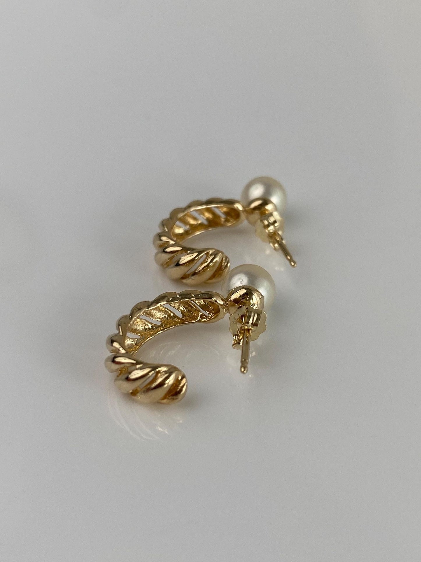 Vintage Solid 14k Yellow Gold Pearl Twist Drop Earrings
