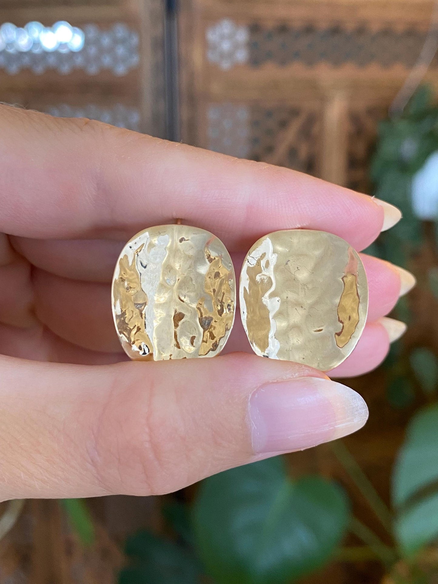 Solid 14k Yellow Gold Hammered Texture Folded Disc Drop Earrings