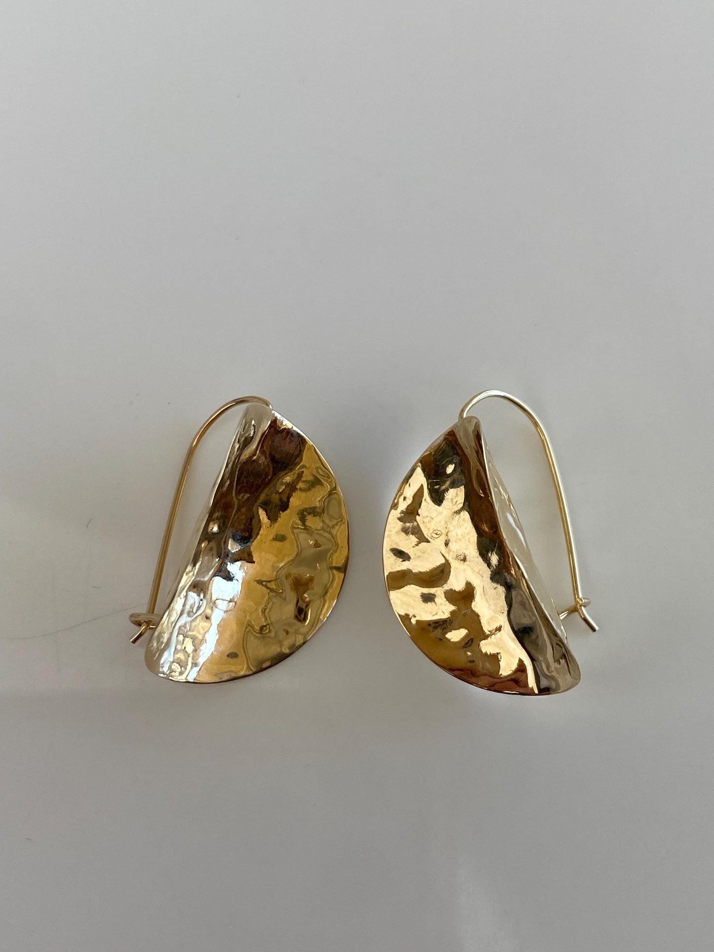 Solid 14k Yellow Gold Hammered Texture Folded Disc Drop Earrings