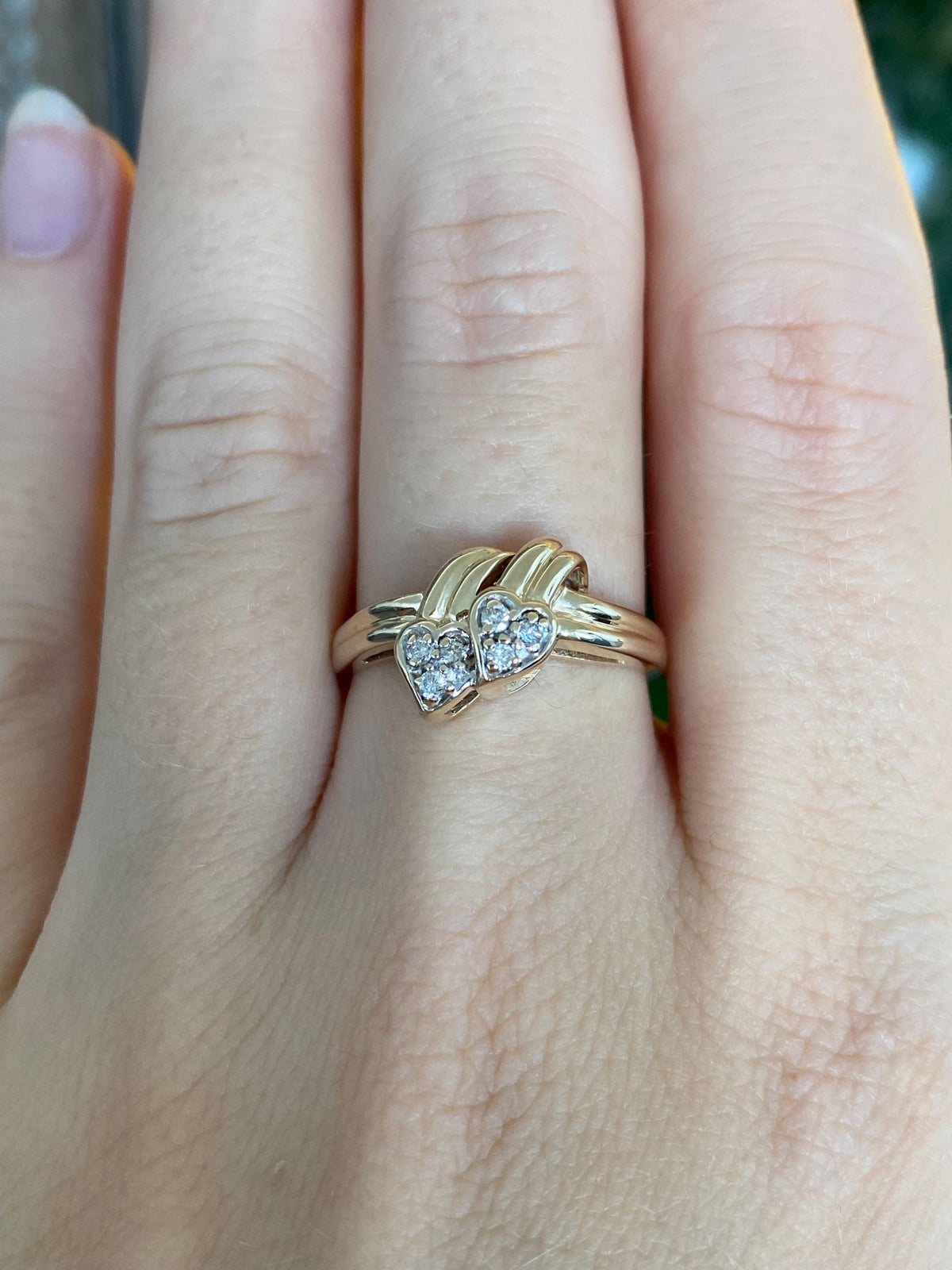 Vintage Solid 14k Yellow Gold Diamond Hearts Ring - Size 7.75