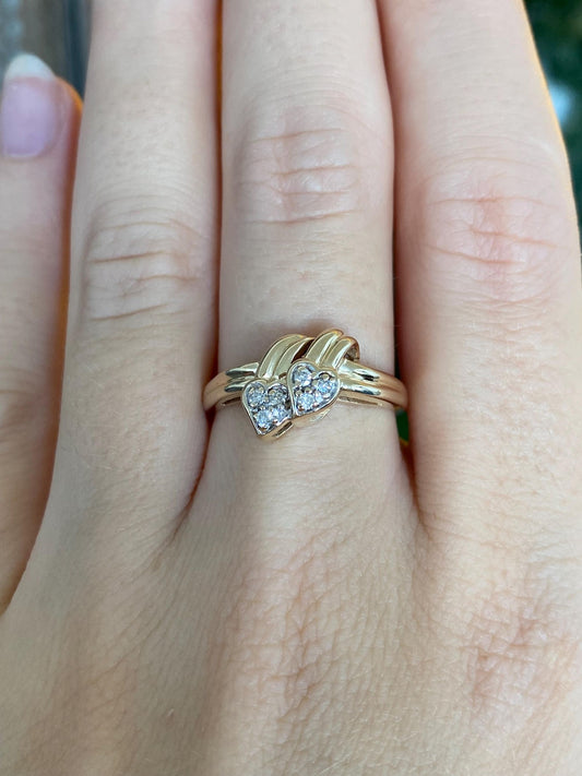 Vintage Solid 14k Yellow Gold Diamond Hearts Ring - Size 7.75