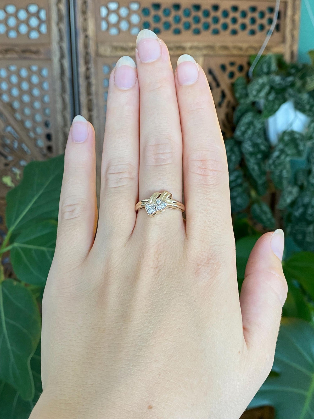 Vintage Solid 14k Yellow Gold Diamond Hearts Ring - Size 7.75