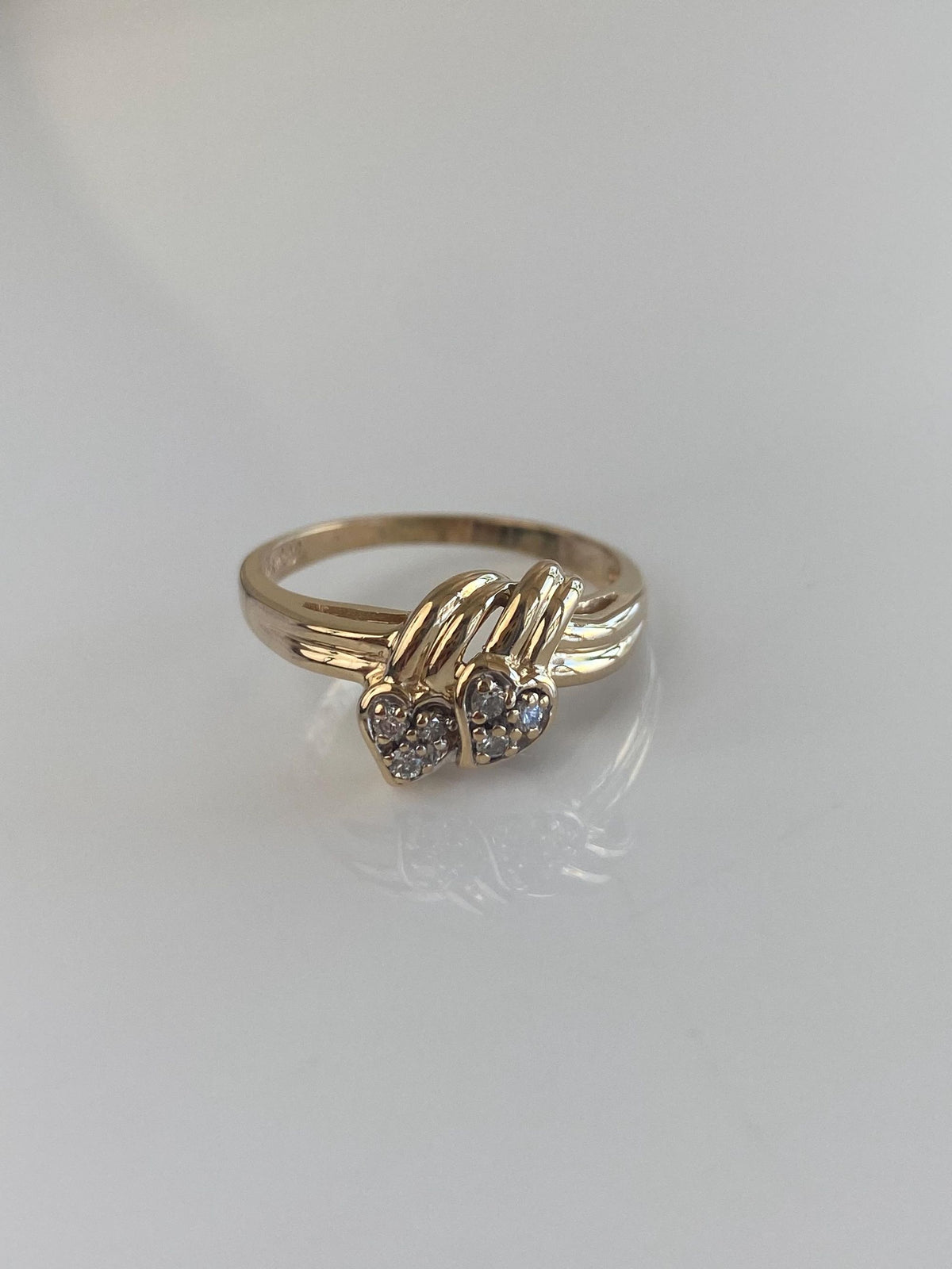 Vintage Solid 14k Yellow Gold Diamond Hearts Ring - Size 7.75