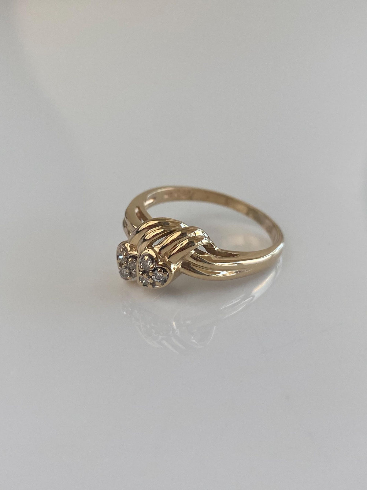 Vintage Solid 14k Yellow Gold Diamond Hearts Ring - Size 7.75