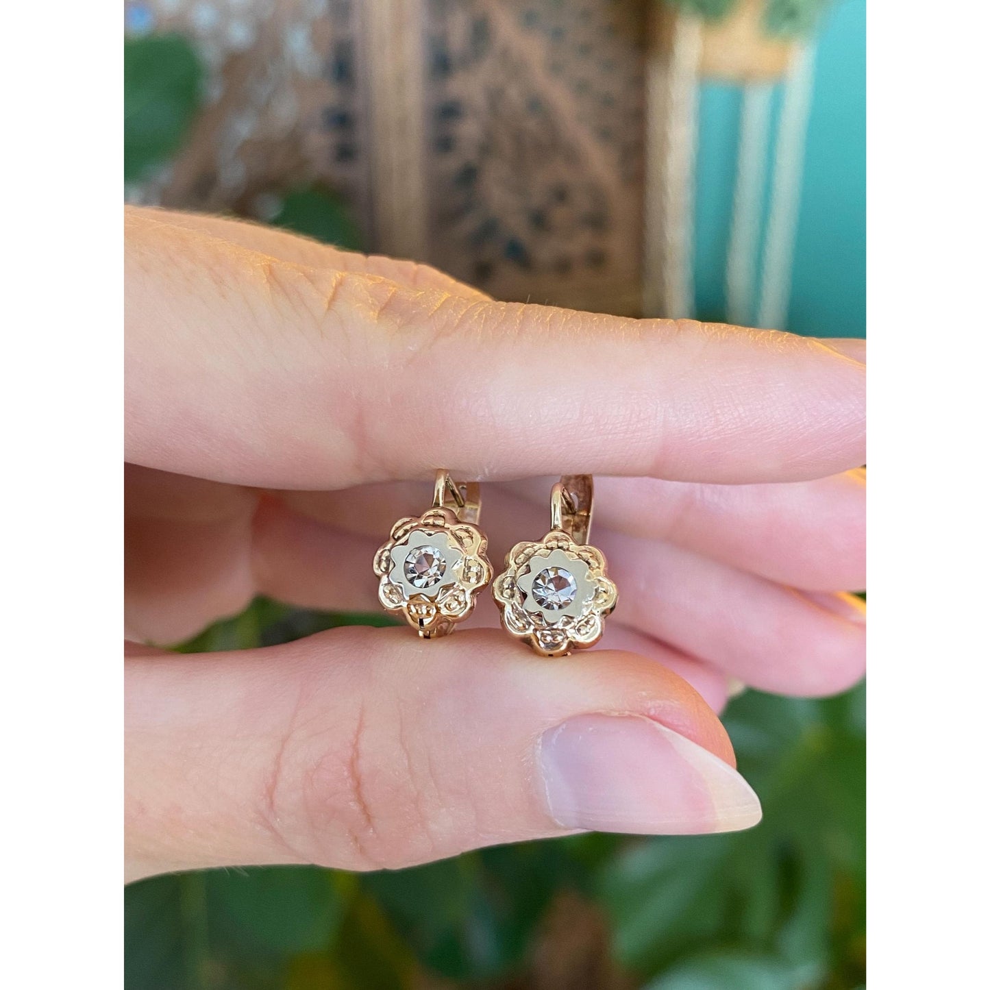 Solid 14k White & Yellow Gold Clear Cubic Zirconia Flower Drop Earrings