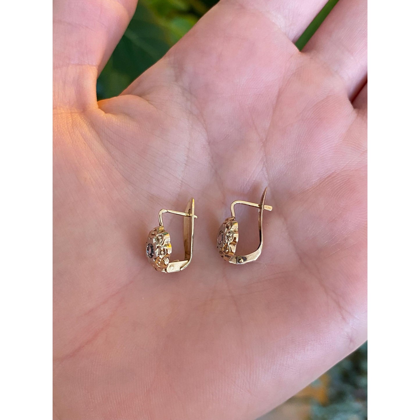 Solid 14k White & Yellow Gold Clear Cubic Zirconia Flower Drop Earrings