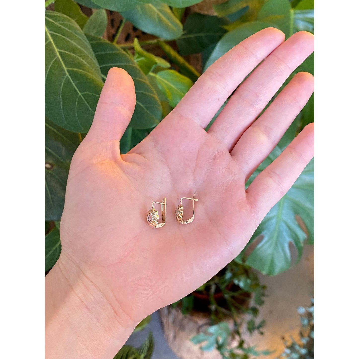 Solid 14k White & Yellow Gold Clear Cubic Zirconia Flower Drop Earrings